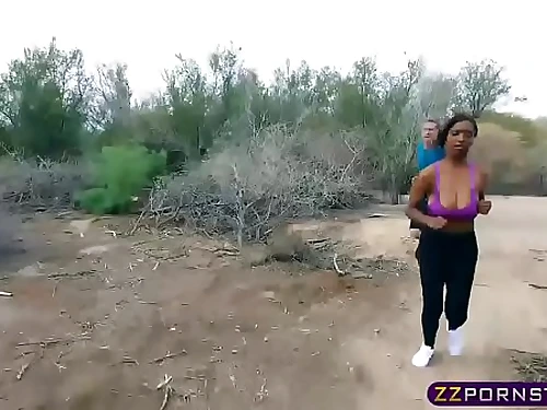 Huge-titted black jogging gal bangs a strangers huge cock